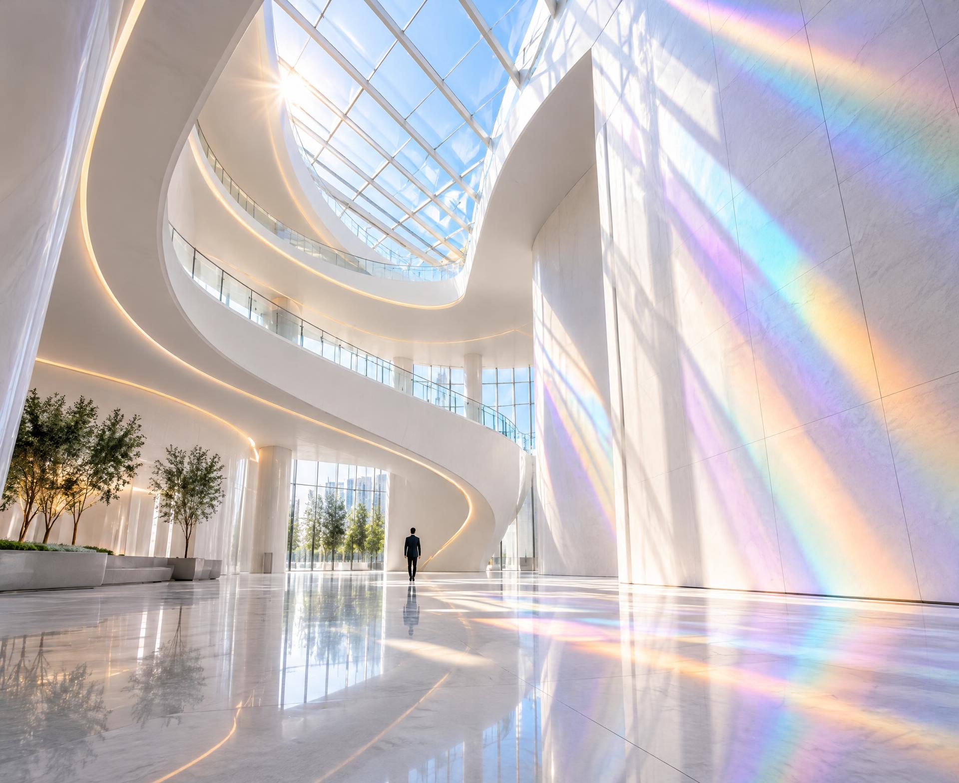 Sunlit glass atrium with prismatic light refracting across polished stone